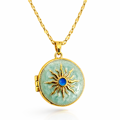 Sun Motif Enamel Gold Locket Pendant Chain
