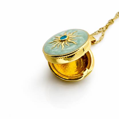 Sun Motif Enamel Gold Locket Pendant Chain