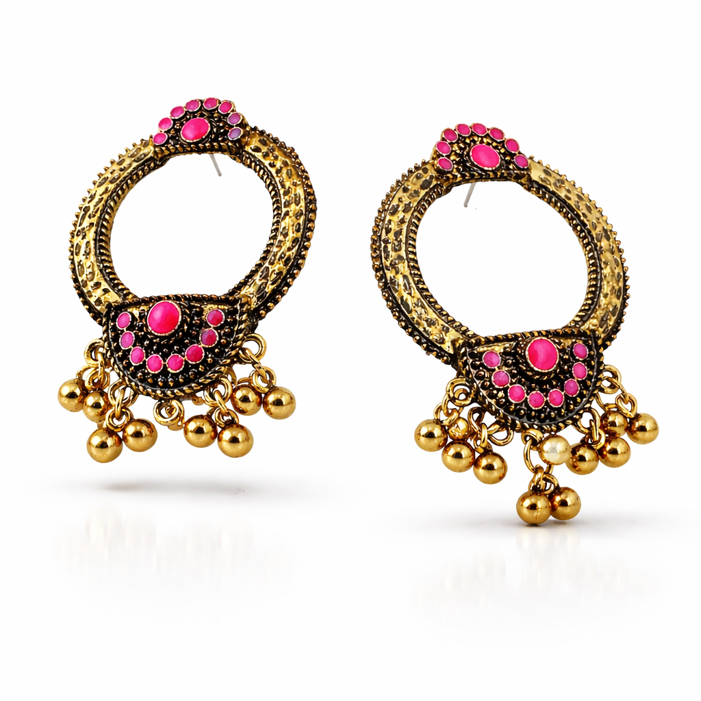 Antique Gold Open Hoop Earrings with Pink Stones & Ghungroo Drops