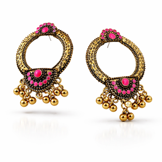 Antique Gold Open Hoop Earrings with Pink Stones & Ghungroo Drops