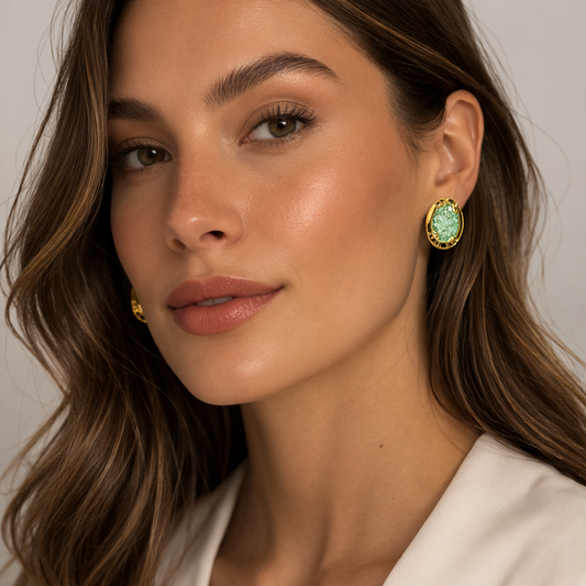 Oval Green Marble Stone Gold Tone Stud Earrings