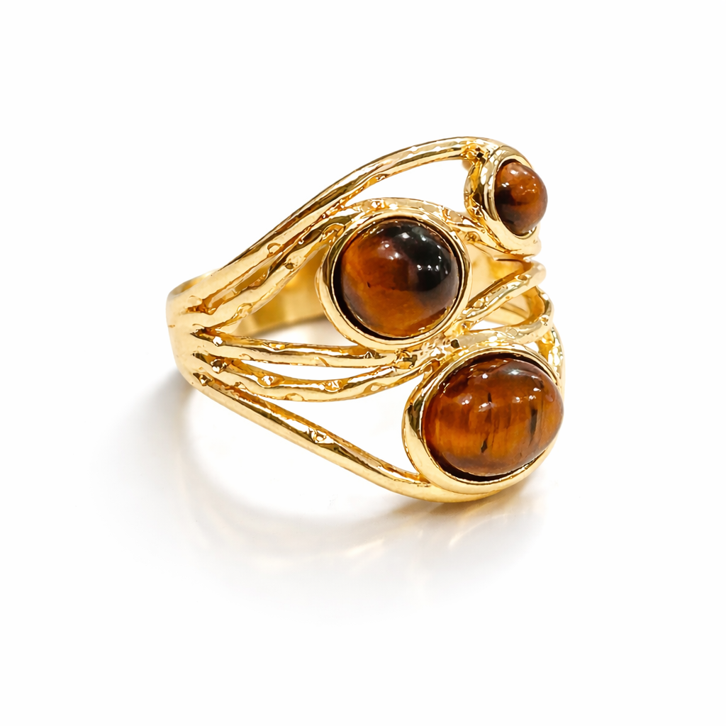 Jinam Golden Tiger Eye multi-stone statement ring with intricate design and vibrant gemstone details.