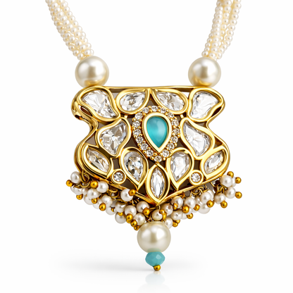 Aqua Kundan Pearl Handcrafted Necklace Set with Jhumkas
