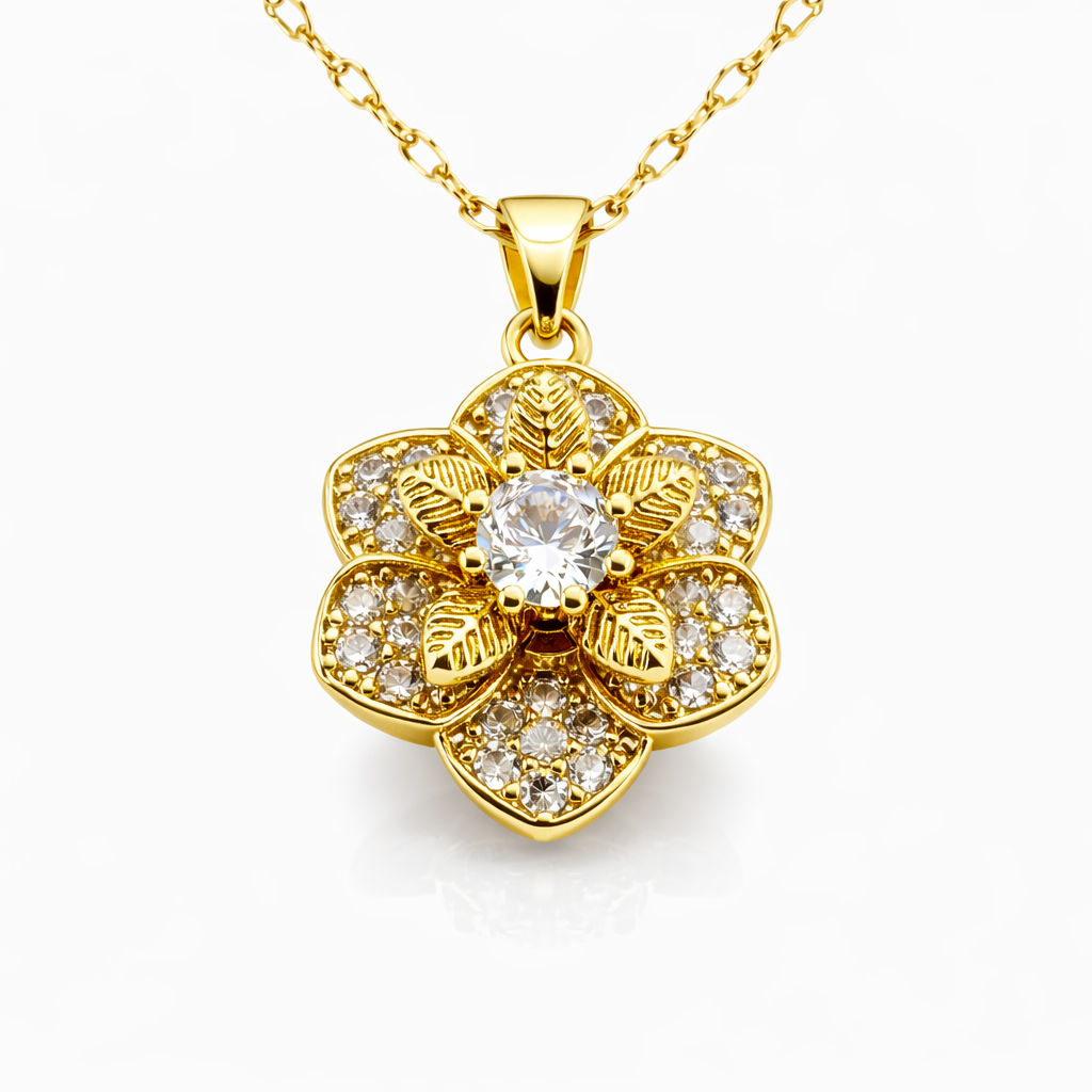 Jinam floral cubic zirconia gold pendant set with chain, featuring a detailed floral design and sparkling CZ stones.