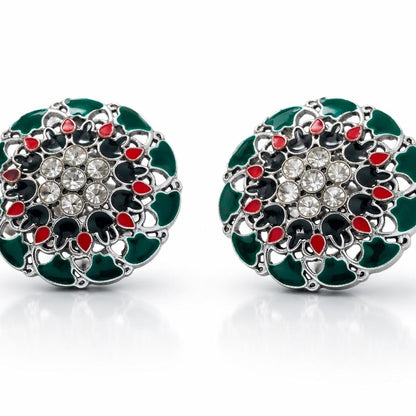 Green Enamel Meenakari Stud Earrings with Rhinestone Centre