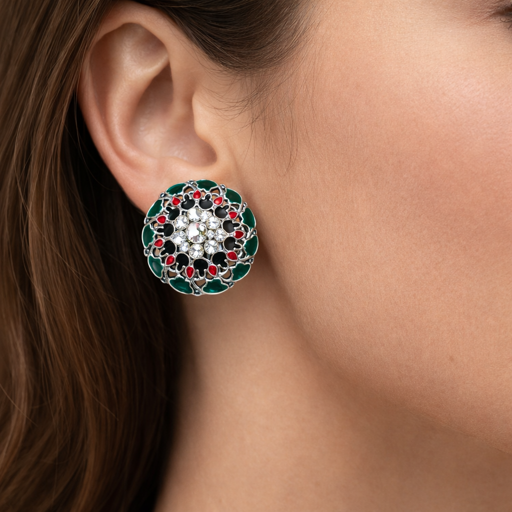 Green Enamel Meenakari Stud Earrings with Rhinestone Centre