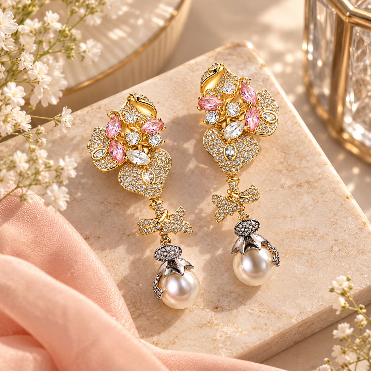 Gold-Tone Pink Floral Semi-Precious Stone & Zircon Drop Earrings