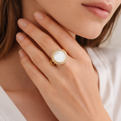 Lustrous Pearl Halo Ring in Gold-Tone Finish