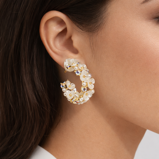 Pearl Flower Enchanted Gold Hoops