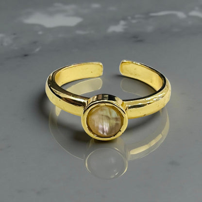 Minimalist Gold-Tone Adjustable Ring with Natural Iridescent Shell Stone