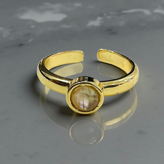Minimalist Gold-Tone Adjustable Ring with Natural Iridescent Shell Stone