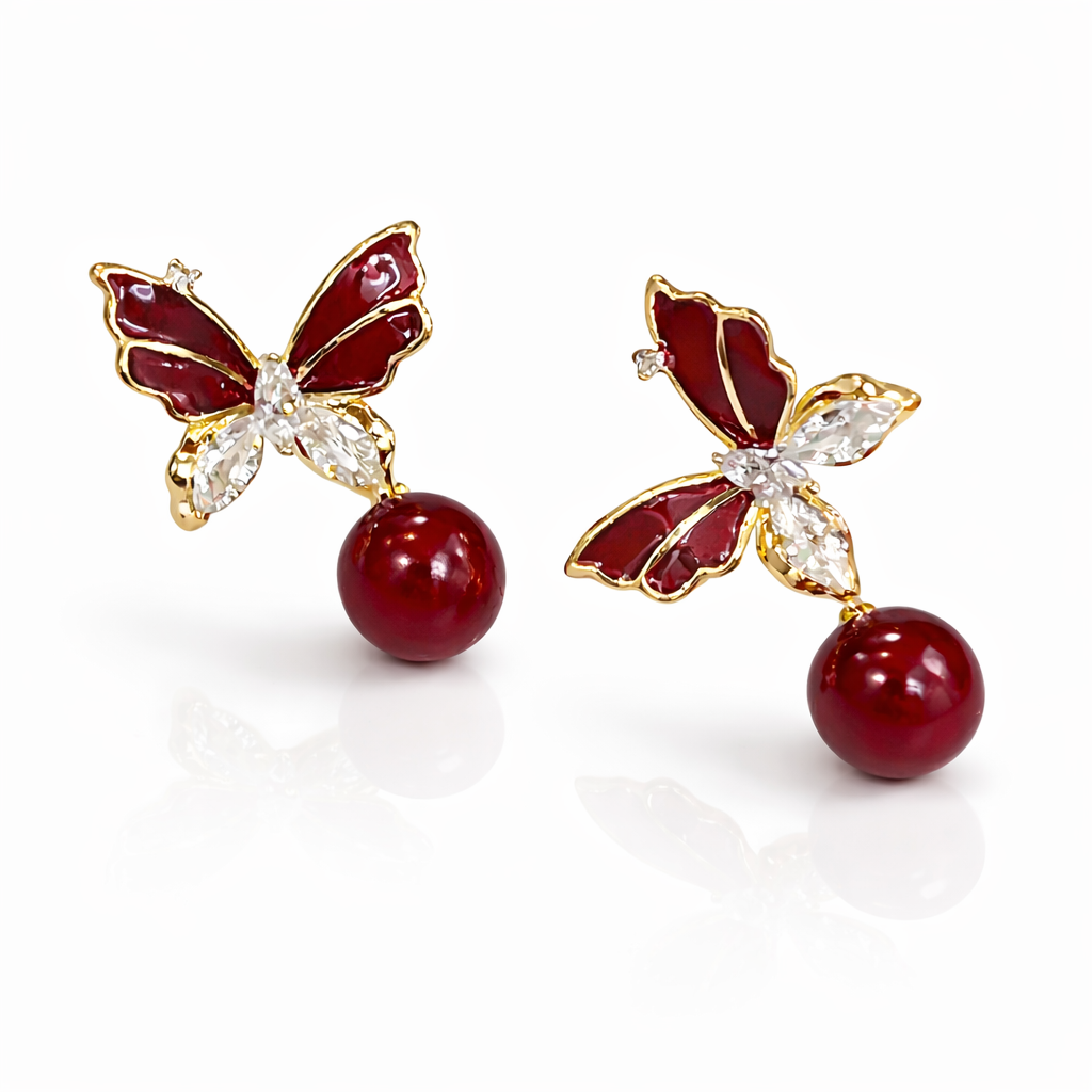 Ruby Butterfly Pearl Drop Earrings with Crystal Accents