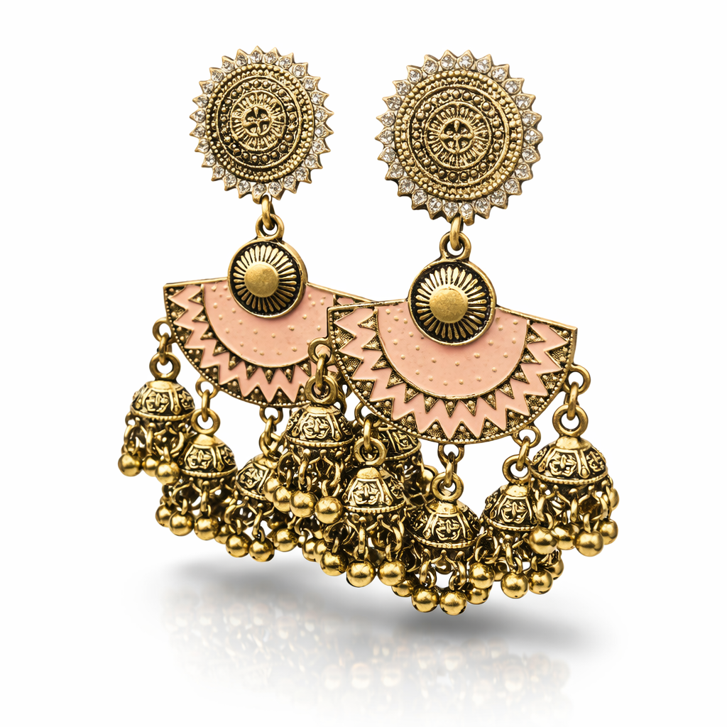 Gold-plated peach enamel dangler earrings with jhumka drops from Jinam, featuring intricate antique design and traditional craftsmanship.