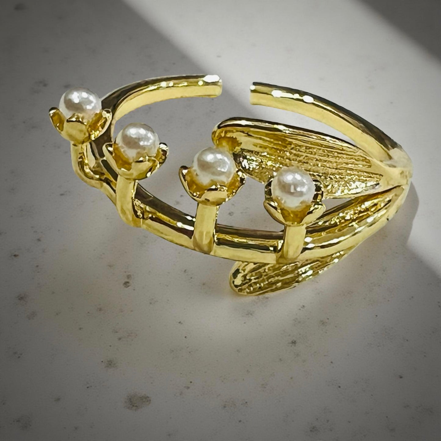 Golden Bloom Pearl Branch Adjustable Ring