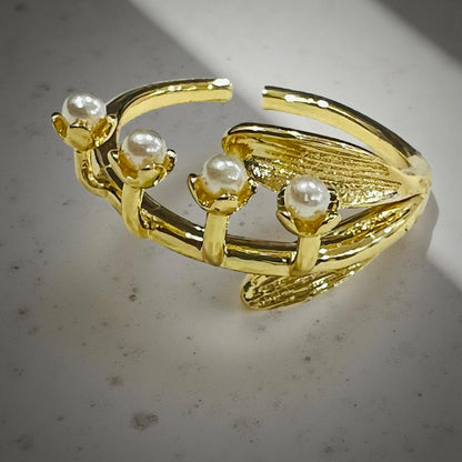 Golden Bloom Pearl Branch Adjustable Ring