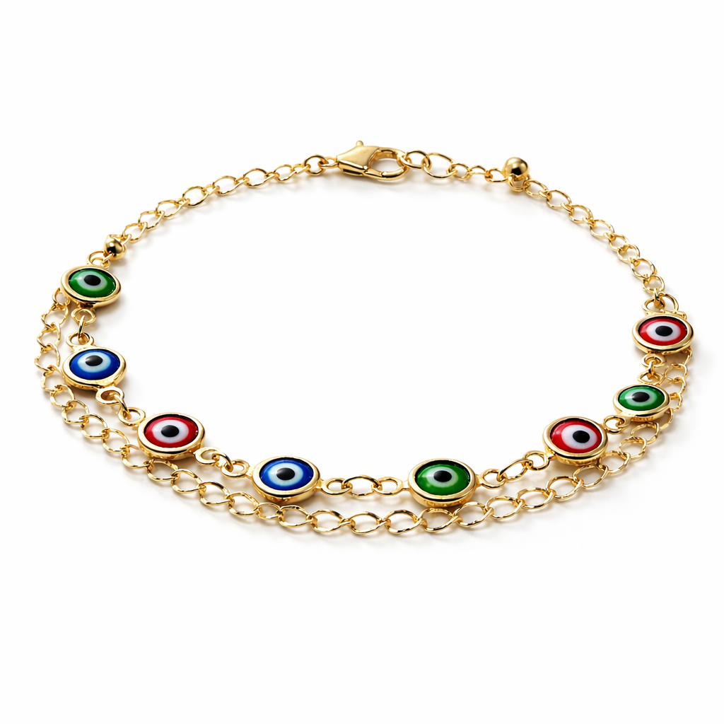 Multicolor Evil Eye Charm Chain Bracelet by Jinam featuring vibrant beads and protective evil eye pendants on a delicate chain.