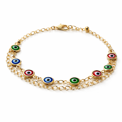Multicolor Evil Eye Charm Chain Bracelet by Jinam featuring vibrant beads and protective evil eye pendants on a delicate chain.