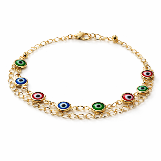 Multicolor Evil Eye Charm Chain Bracelet by Jinam featuring vibrant beads and protective evil eye pendants on a delicate chain.