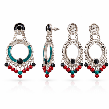 Silver-Tone Teal Enamel Open Hoop Earrings with Multi-Colour Crystal Bead Drops