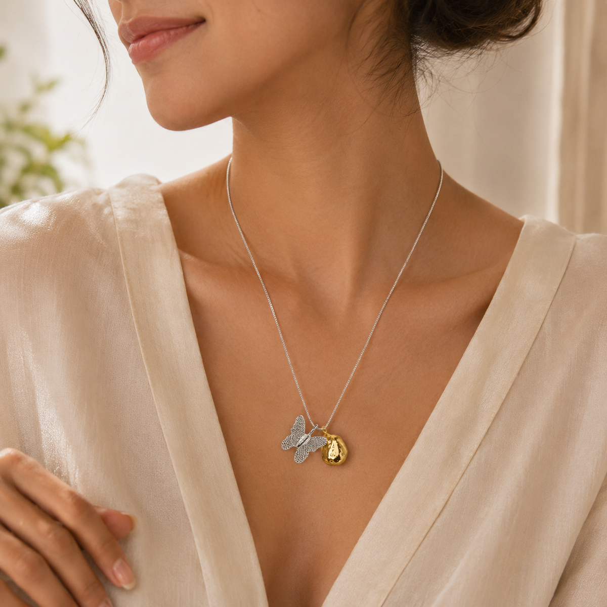 Dual-Tone Butterfly Gold Nugget Pendant Necklace | Jinam