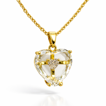 Crystal Heart Pendant Necklace with Gold Cross & CZ Accent