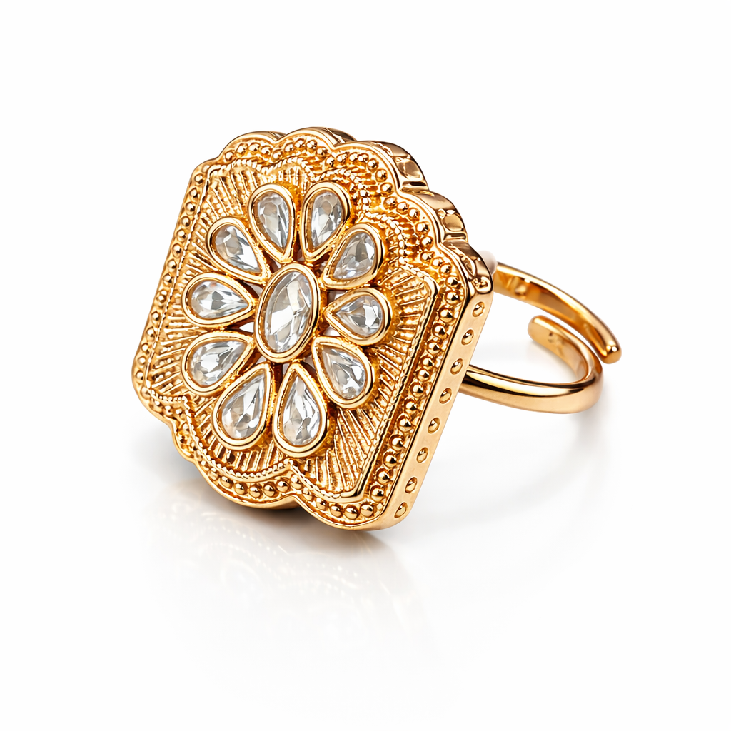 Heritage Polki Square Ring in Antique Gold Finish