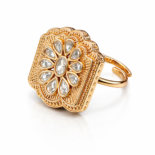 Heritage Polki Square Ring in Antique Gold Finish