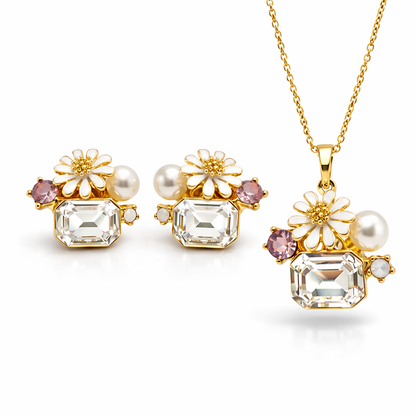 Jinam floral crystal cluster pendant and earrings set featuring white enamel daisies, elegant jewelry for special occasions.