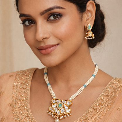 Aqua Kundan Pearl Handcrafted Necklace Set with Jhumkas