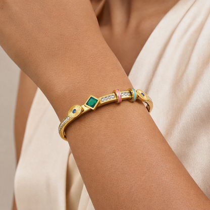 Elegant Gold-Tone Multi-Charm Bracelet with Green Stone & Enamel Accents | Anti-Tarnish