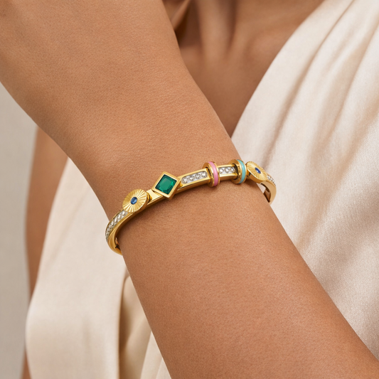 Elegant Gold-Tone Multi-Charm Bracelet with Green Stone & Enamel Accents | Anti-Tarnish