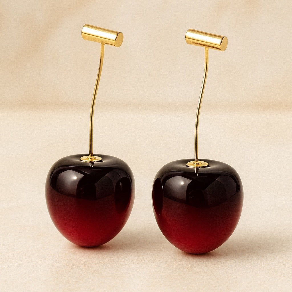 Jinam Cherry glossy drop earrings featuring bright red cherry-shaped design with a shiny, polished finish.