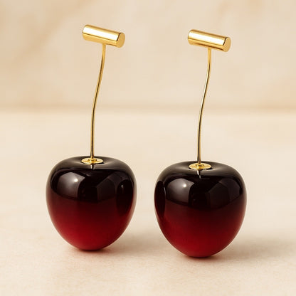 Jinam Cherry glossy drop earrings featuring bright red cherry-shaped design with a shiny, polished finish.