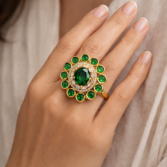Emerald Blossom Polki Ring in Gold-Tone Finish