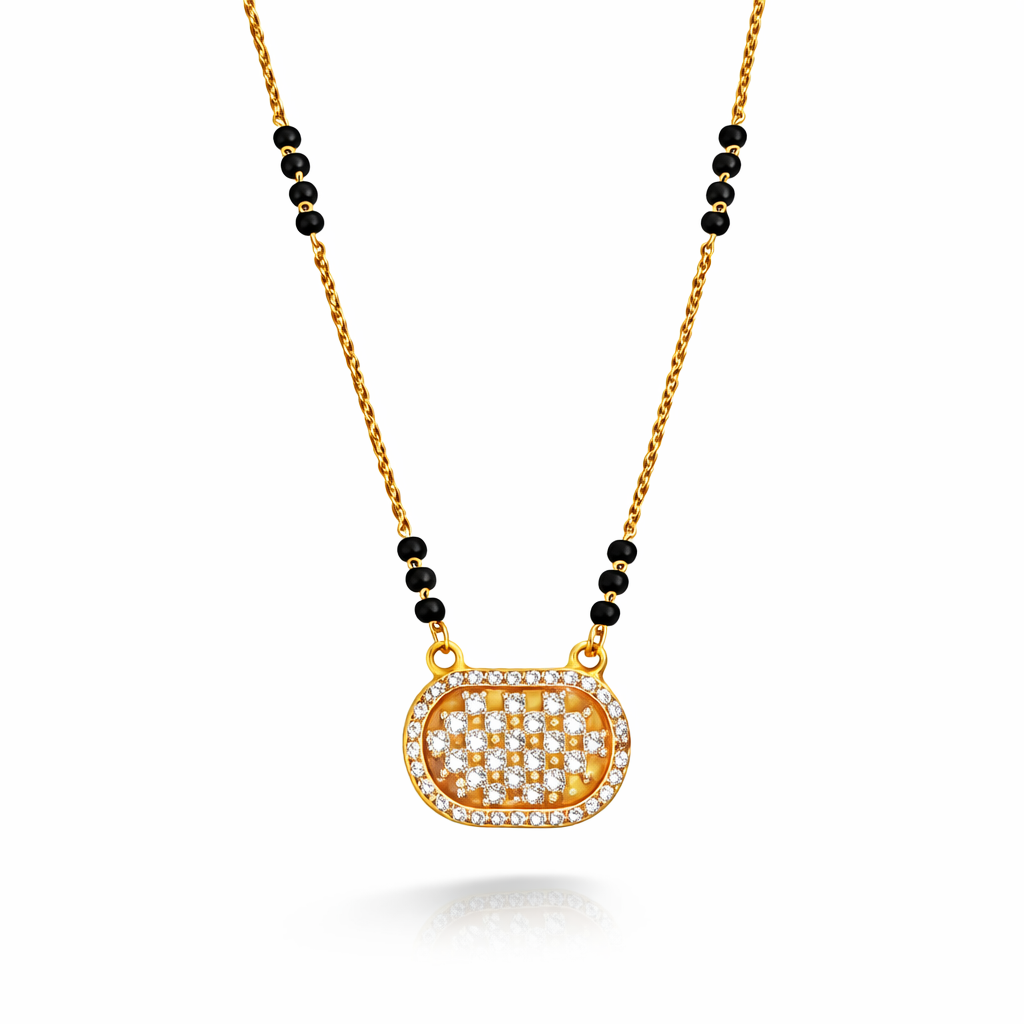 Lattice oval CZ Mangalsutra pendant in gold finish with intricate design, crafted by Jinam for elegant traditional jewelry.