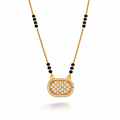 Lattice oval CZ Mangalsutra pendant in gold finish with intricate design, crafted by Jinam for elegant traditional jewelry.