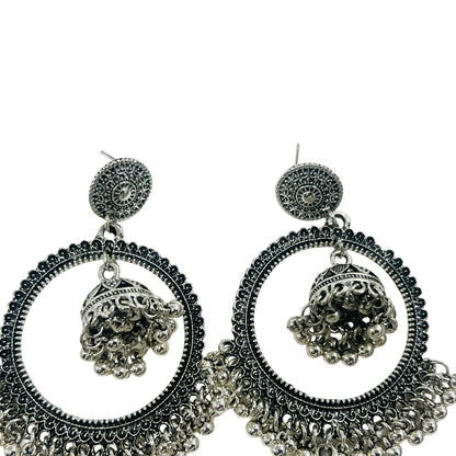 Oxidised Silver Hoop Earrings with Dual Jhumka Design