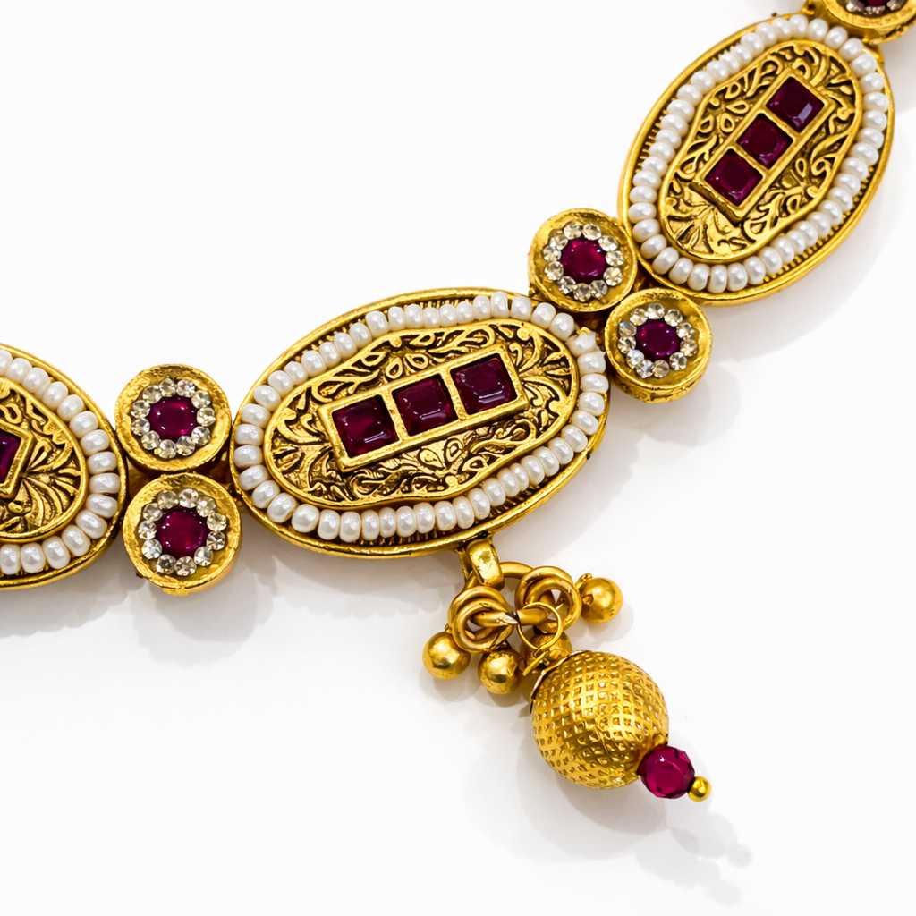 Royal Ruby Antique Necklace Set with Matching Earrings