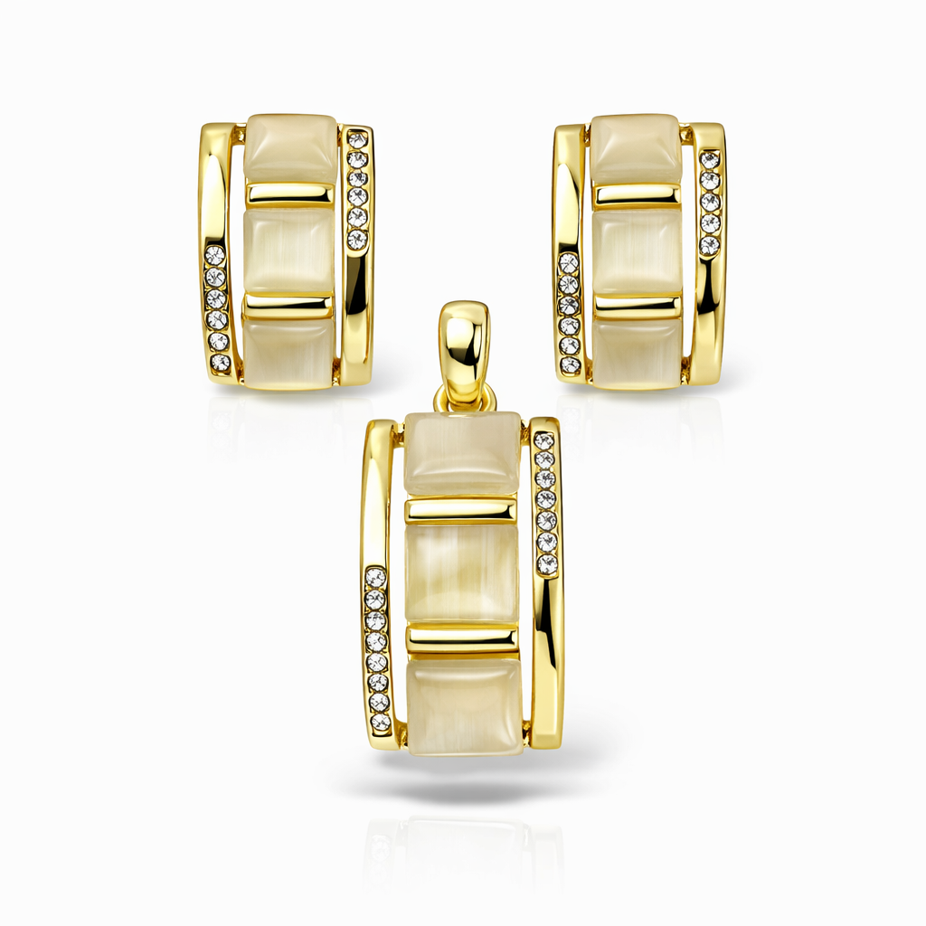 Gold-plated cream cat-eye stone pendant and earrings set by Jinam, featuring elegant jewelry with matching pendant and earrings.