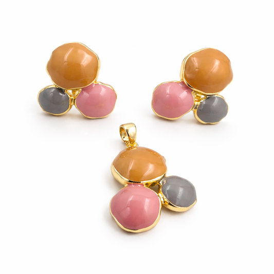 Tri-Stone Gold-Plated Pendant & Stud Earrings Set