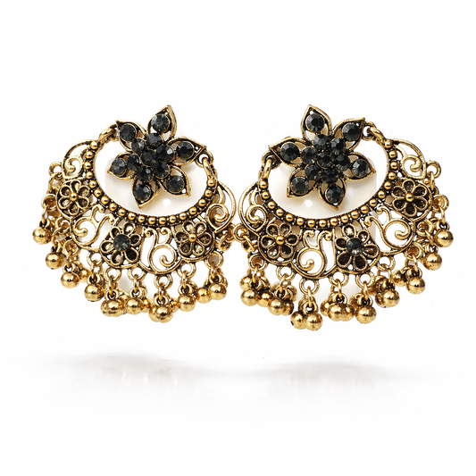 Antique Gold Black Crystal Floral Chandbali Earrings with Ghungroo Drops
