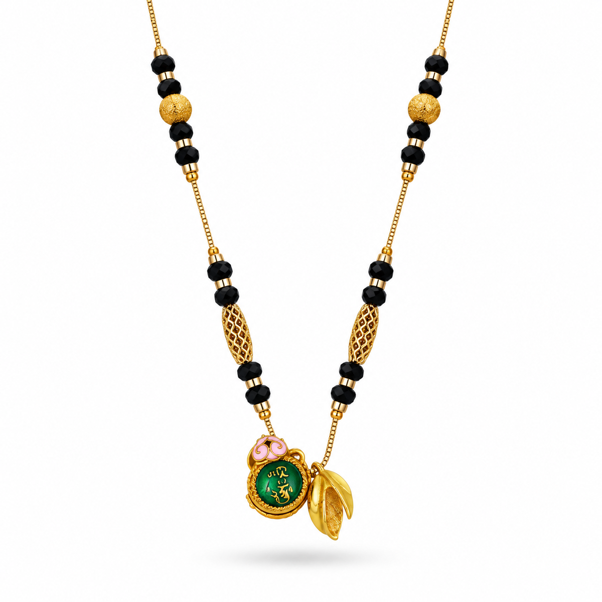 Black Beaded Green Medallion Leaf Drop Mangalsutra