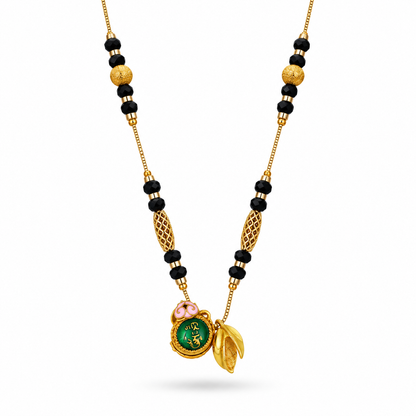 Black Beaded Green Medallion Leaf Drop Mangalsutra