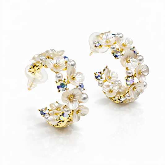 Pearl Flower Enchanted Gold Hoops