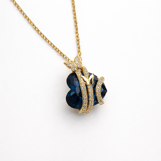 Blue Heart Butterfly Pendant Necklace in Gold Finish