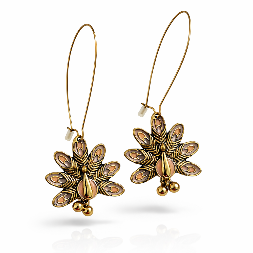 Gold-plated peacock motif hook earrings by Jinam with intricate feather detailing and antique finish.