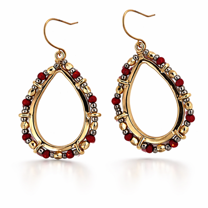 Red Crystal Beaded Open Teardrop Hoop Earrings in Gold-Tone