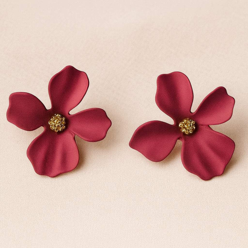 Maroon Matte Floral Statement Earrings