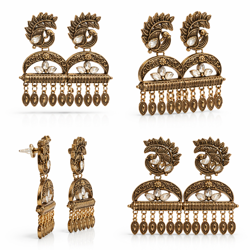 Antique Gold Peacock Chandelier Earrings with Kundan Stones & Leaf Drops