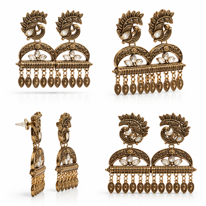 Antique Gold Peacock Chandelier Earrings with Kundan Stones & Leaf Drops
